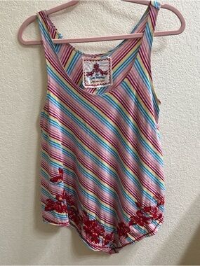 Johnny Was Los Angeles Striped Multi, Asymmetrical Tank w/Floral Embroidery
